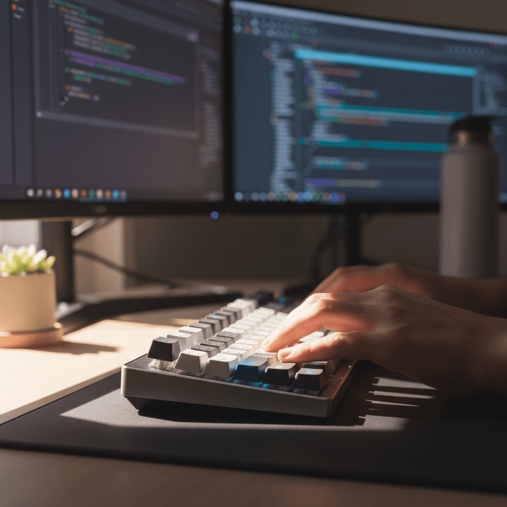 Hands typing on keyboard with dual monitors showing cybersecurity work