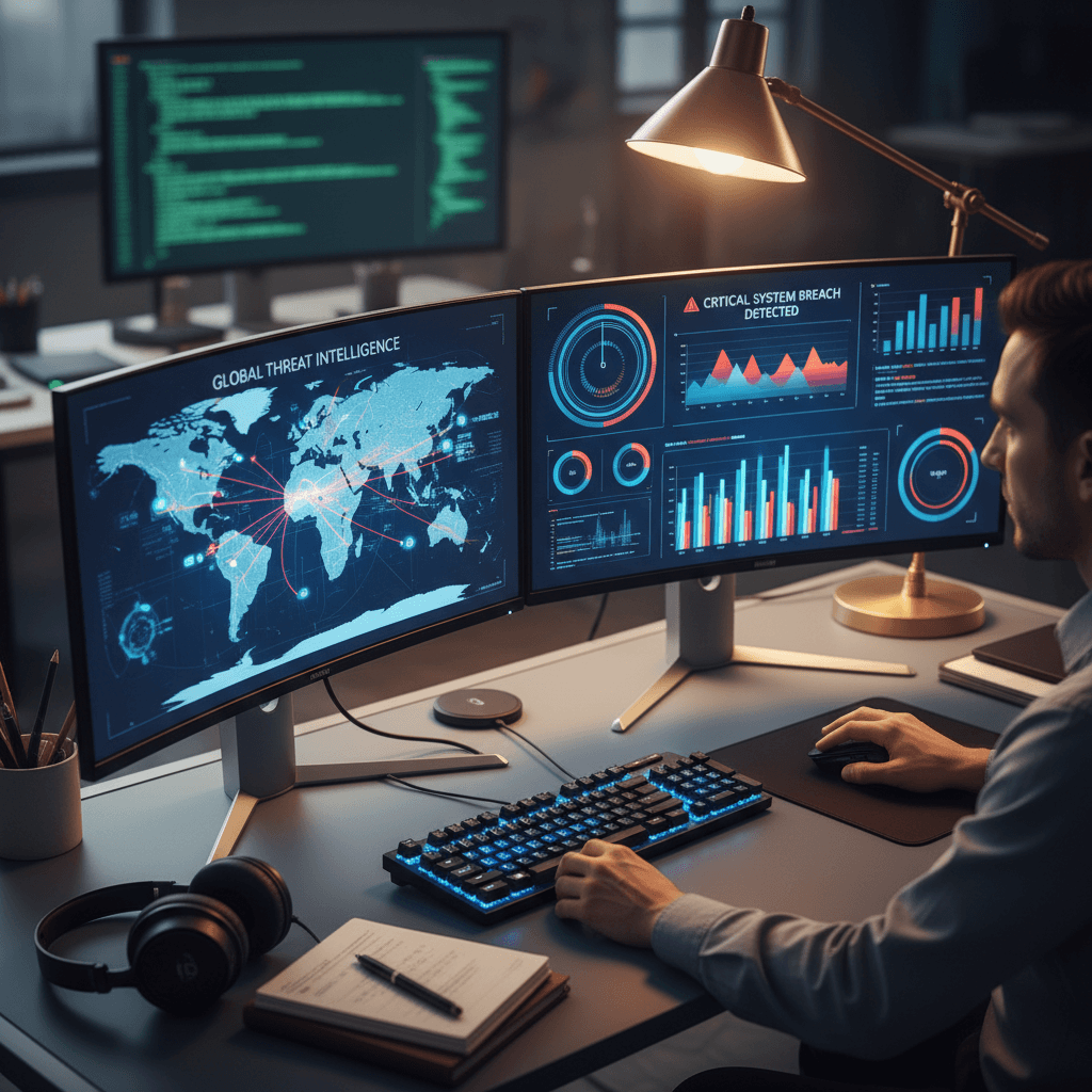 Cybersecurity analyst monitoring security dashboards during live SOC training
