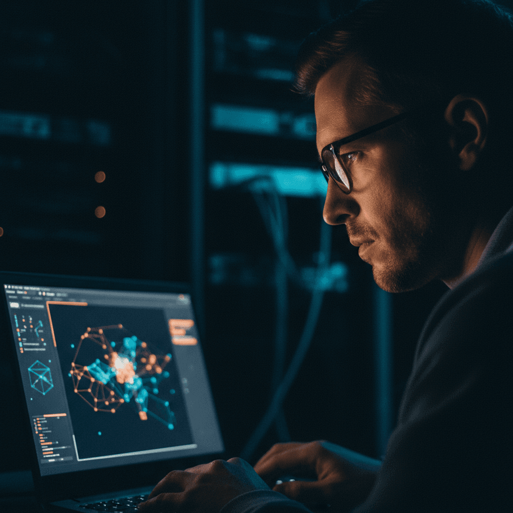 Person analyzing cybersecurity threat data on laptop screen