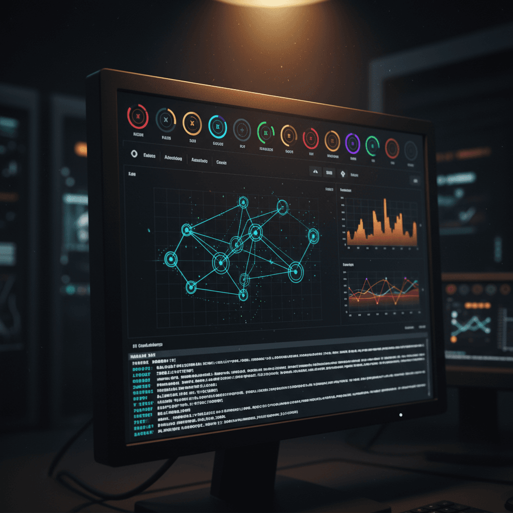 SIEM dashboard with security alerts and network monitoring data