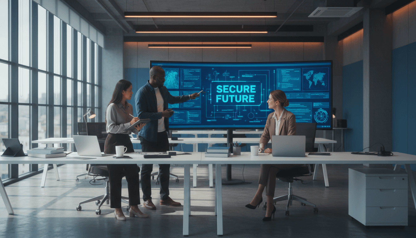 Diverse cybersecurity professionals collaborating on security analysis with laptops and monitors in a modern workspace
