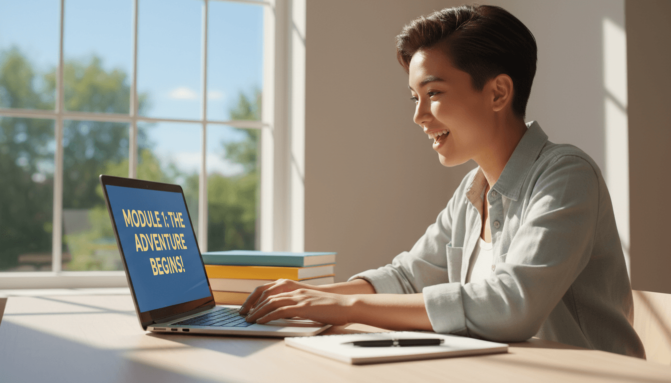 Student confidently reviewing online cybersecurity course materials at their desk