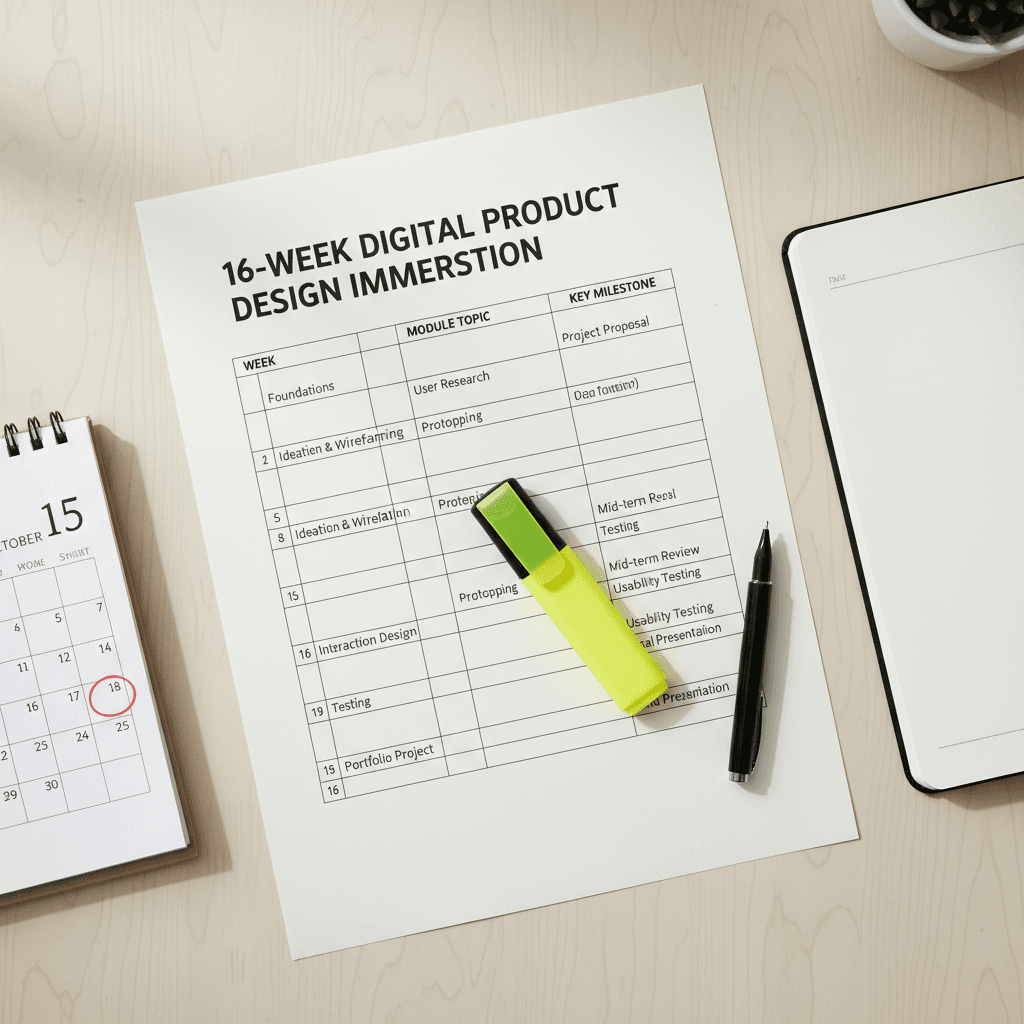 16-week program schedule and curriculum outline on desk