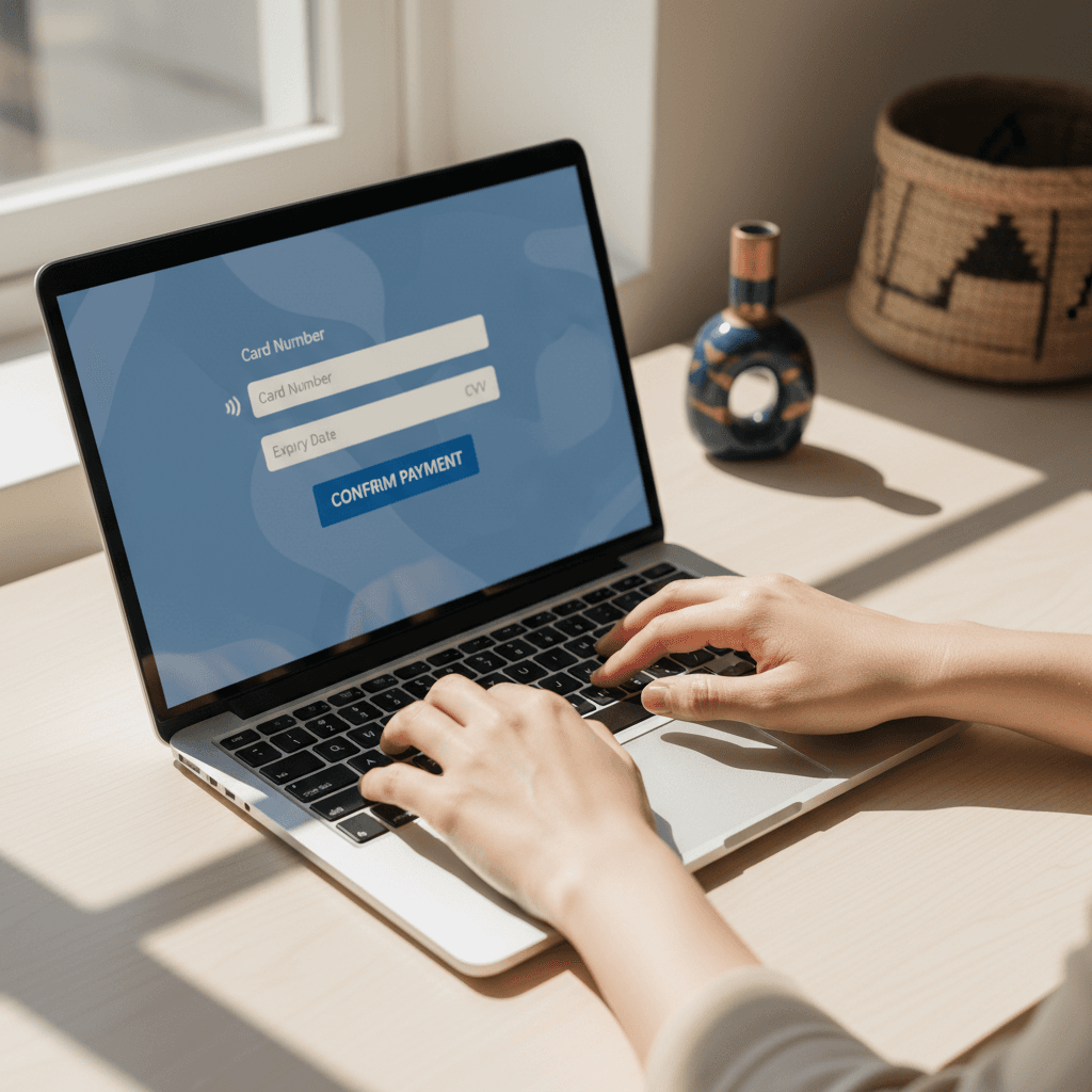 Hands entering secure payment information on a laptop