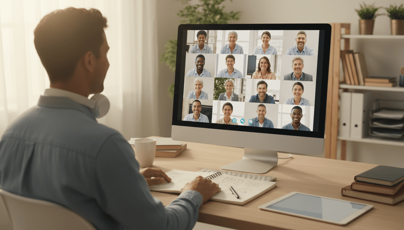 Professional in home office participating in diverse video call group session with multiple collaborators on screen