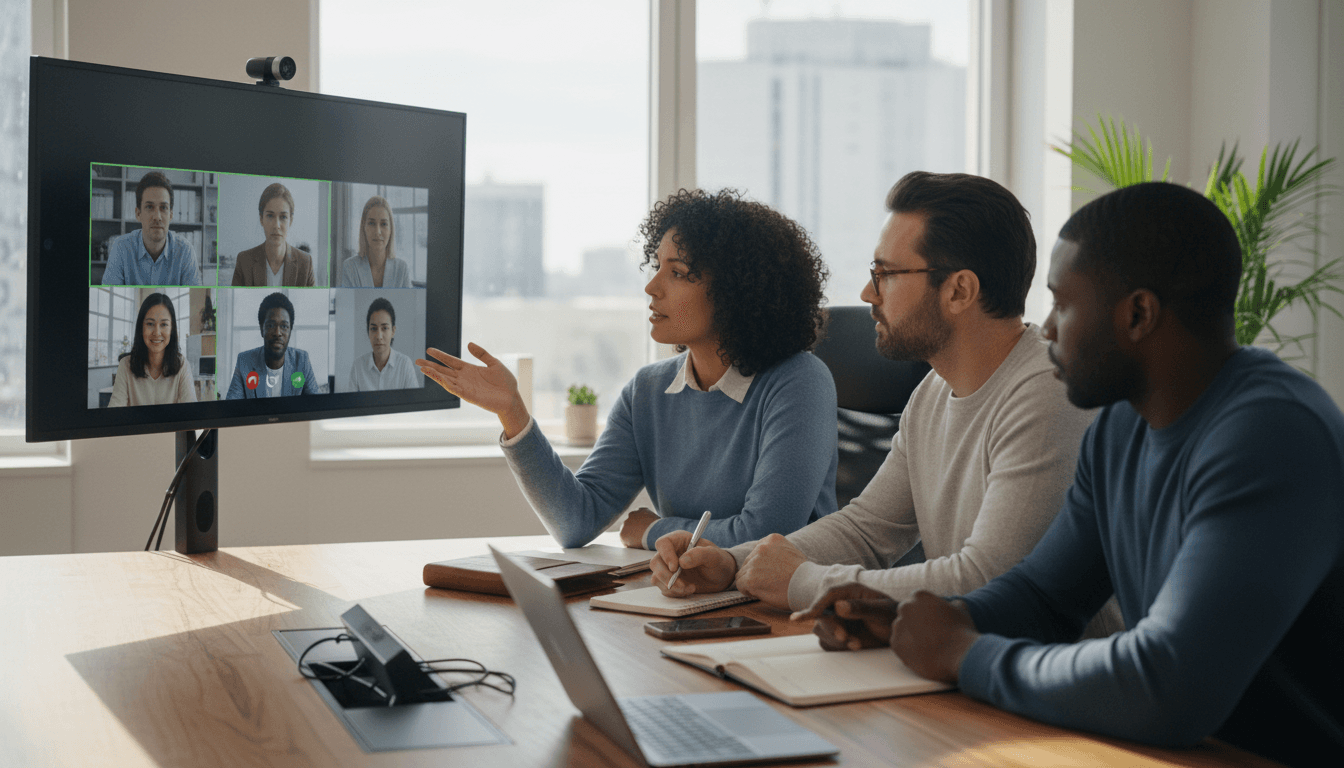 Diverse team collaborating in conference room during video call with remote participants displayed on large monitor with natural lighting