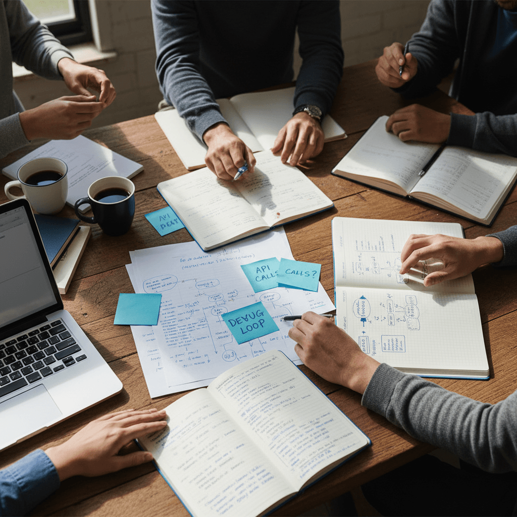 Multiple diverse hands collaborating over coding notes and notebooks, captured overhead with natural light in group learning session