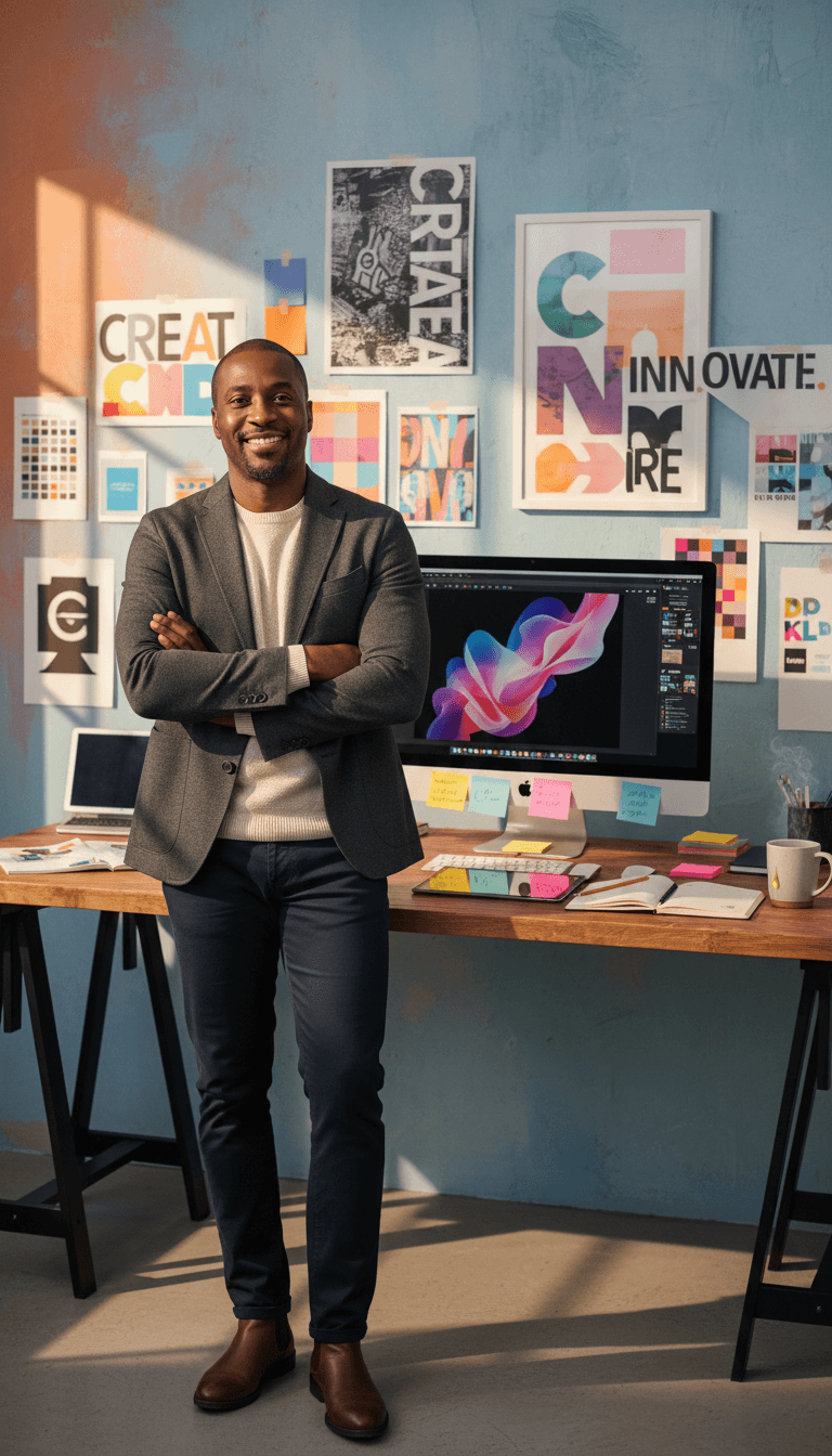Man designer standing confidently in creative workspace surrounded by design mockups and colorful typography with warm natural lighting