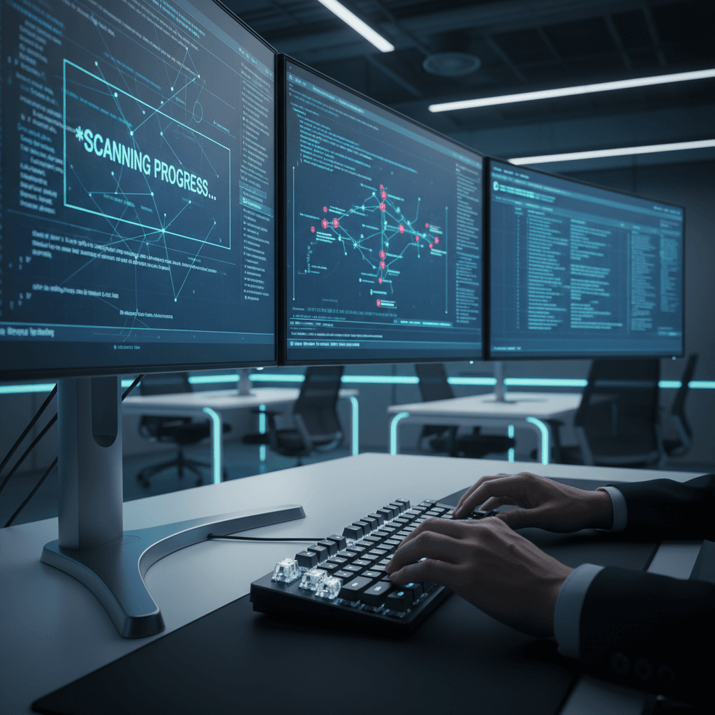 Cybersecurity instructor's hands demonstrating network scanning on multi-monitor workstation with code visible on screens