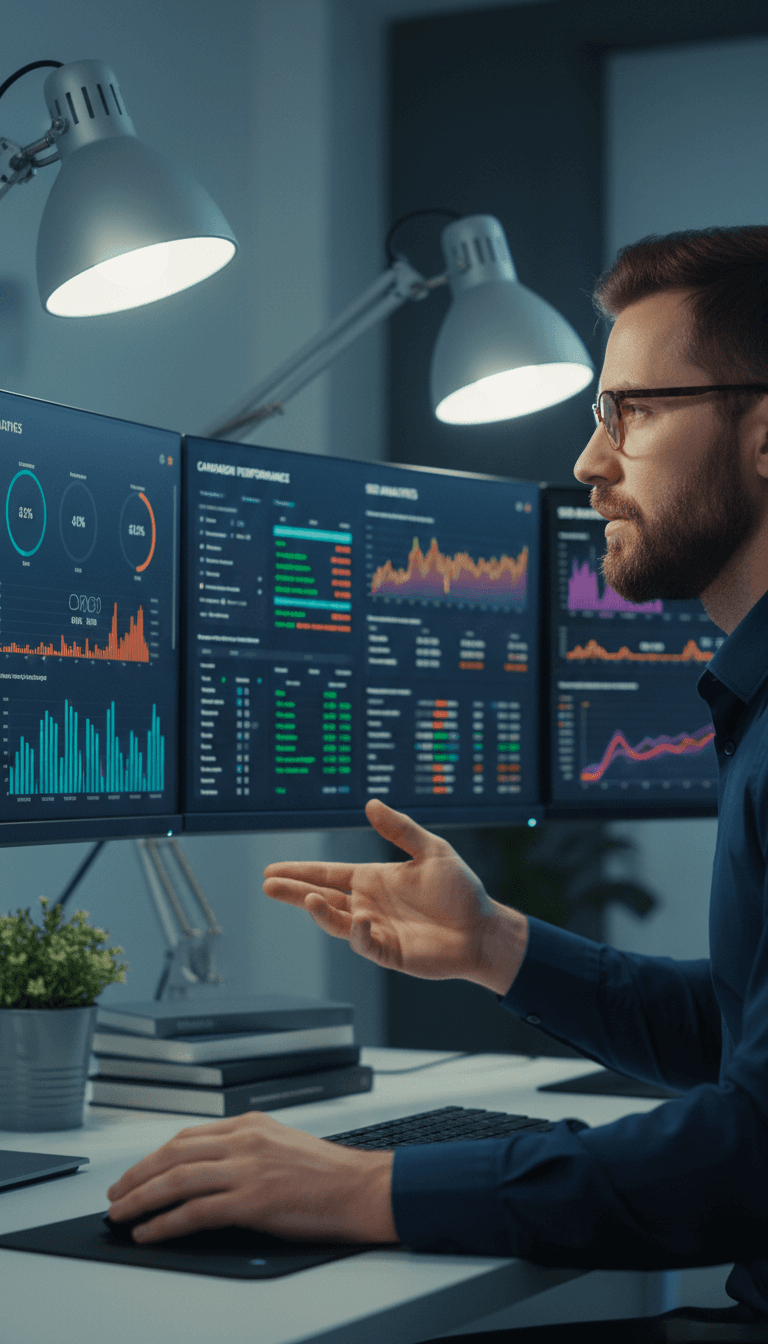 Digital marketer intensely focused on multiple computer monitors displaying real-time analytics and campaign performance data