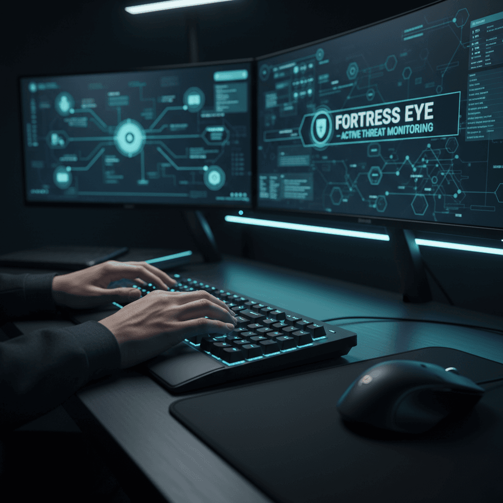 Professional cybersecurity workspace with multiple monitors