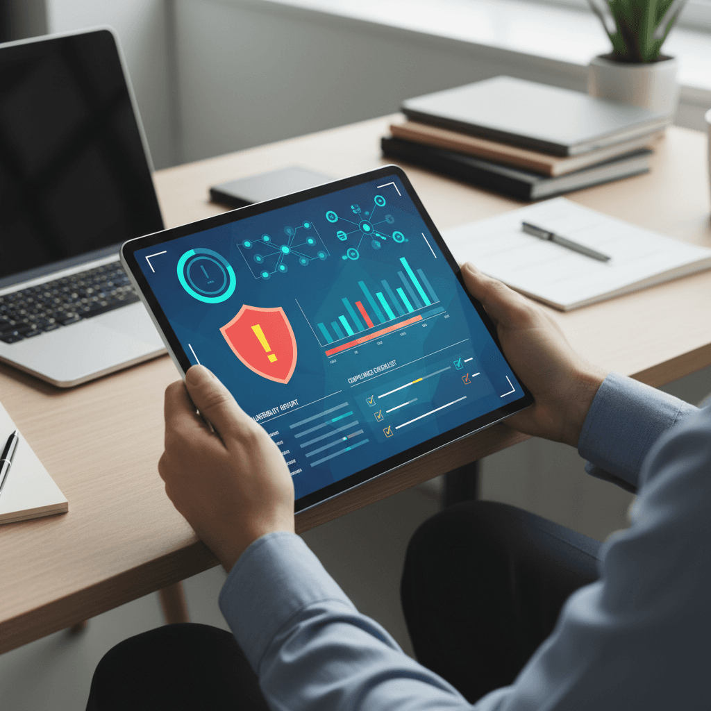 Cybersecurity consultant reviewing security assessment and vulnerability reports on tablet in professional workspace