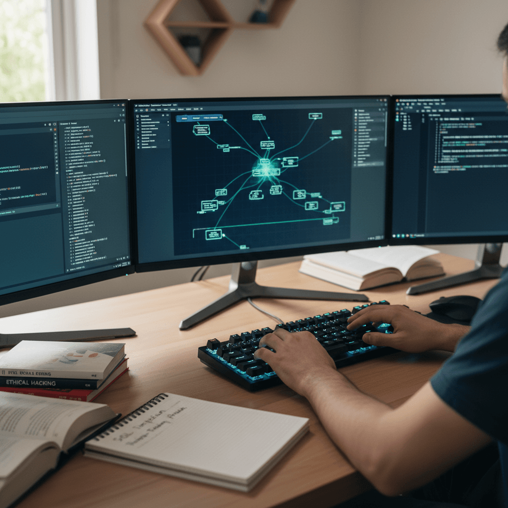 Cybersecurity student's hands typing on mechanical keyboard with network analysis dashboards displayed on multiple monitors