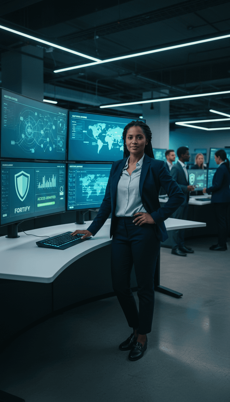 Security professional standing at workstation with multiple monitors displaying authentication dashboards in modern command center