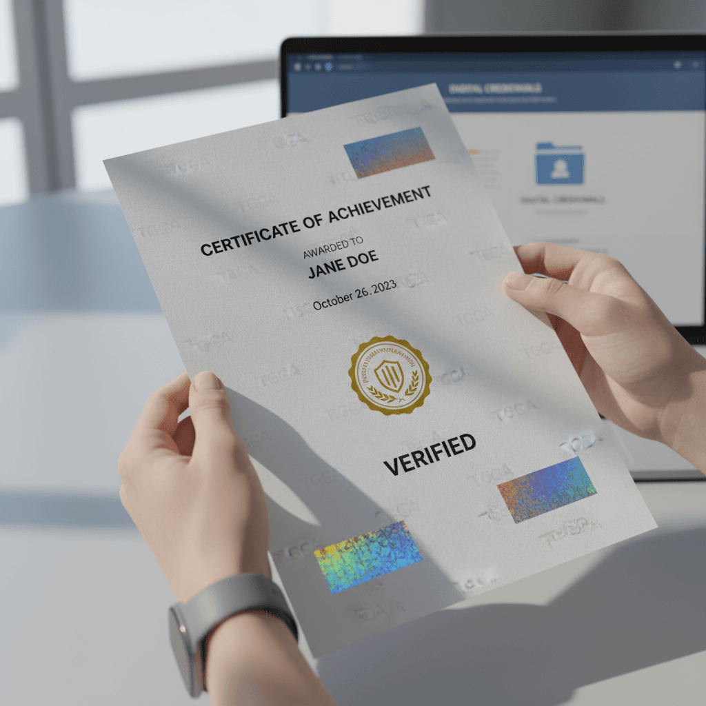 Hands holding printed digital certification with security features and official seal on professional desk near laptop