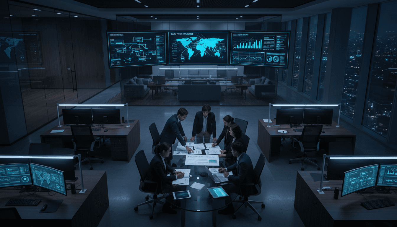 Cybersecurity team collaborating in modern operations center with digital displays showing threat intelligence and security dashboards