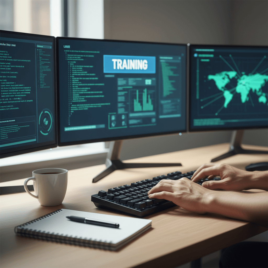Professional hands typing on mechanical keyboard with code and security dashboards visible on multiple monitors