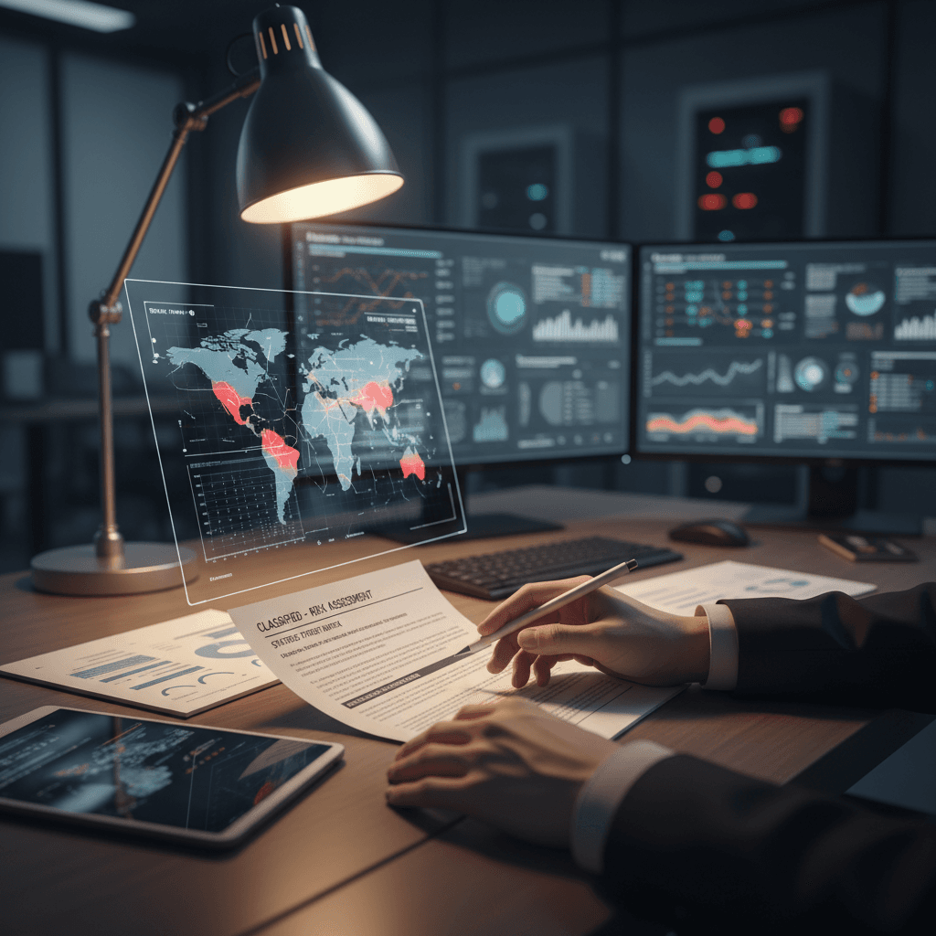 Security analyst reviewing risk assessment documents and threat analysis maps at desk in secure operations center