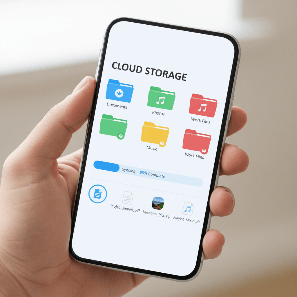 Smartphone screen displaying file management interface with organized folders and synchronization progress indicator