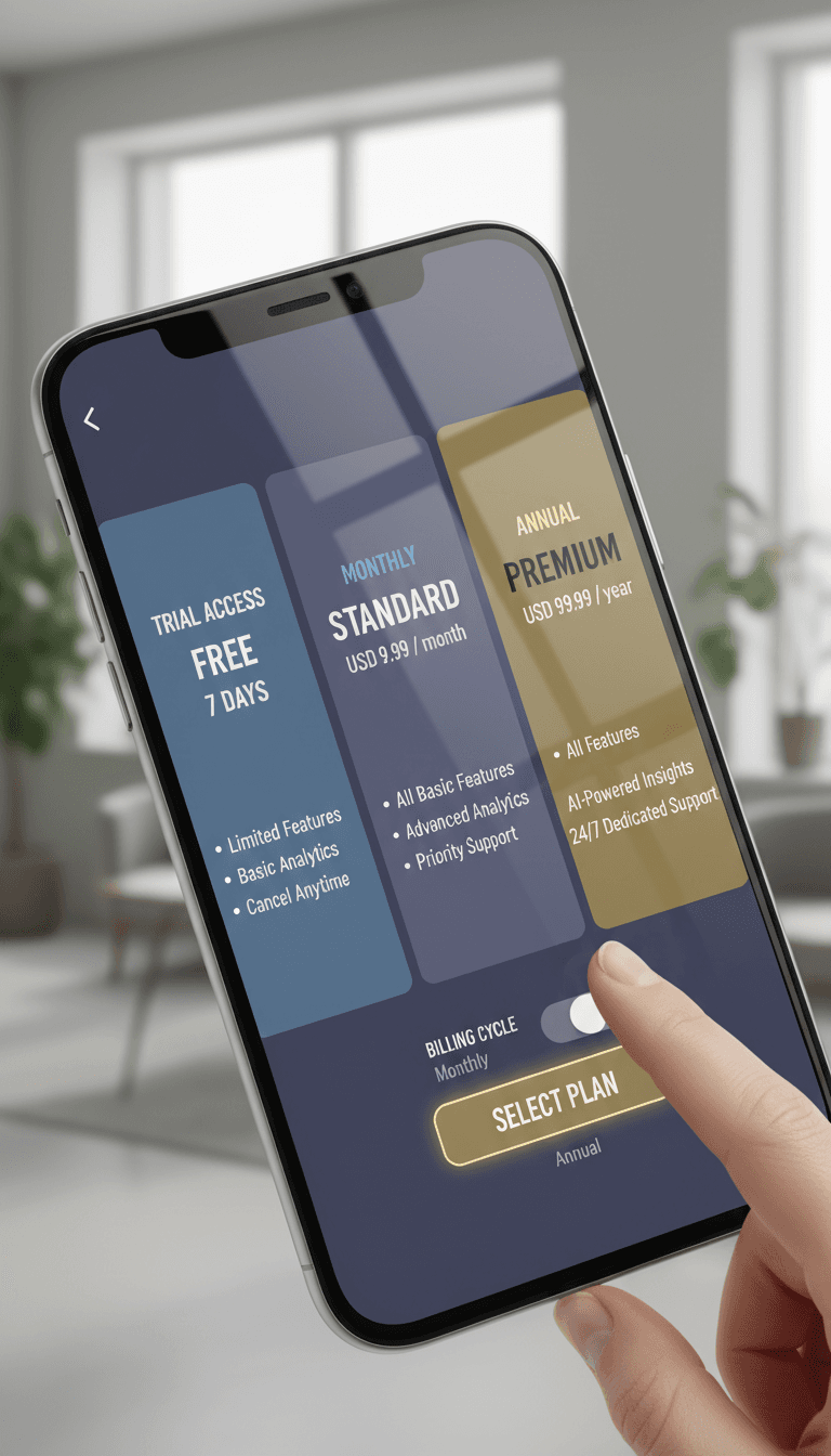Smartphone screen displaying subscription pricing tiers with trial access, monthly, and annual plan options clearly visible