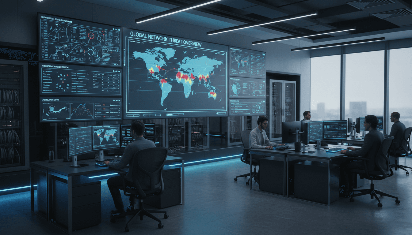 Security operations center with multiple operators monitoring real-time network threats on large displays and individual workstations