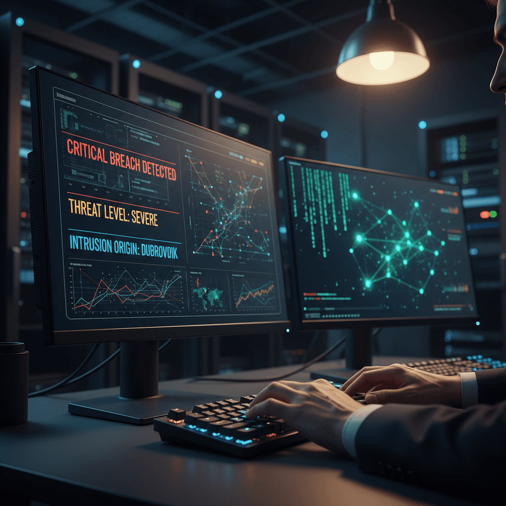SOC analyst monitoring security alerts on multiple screens